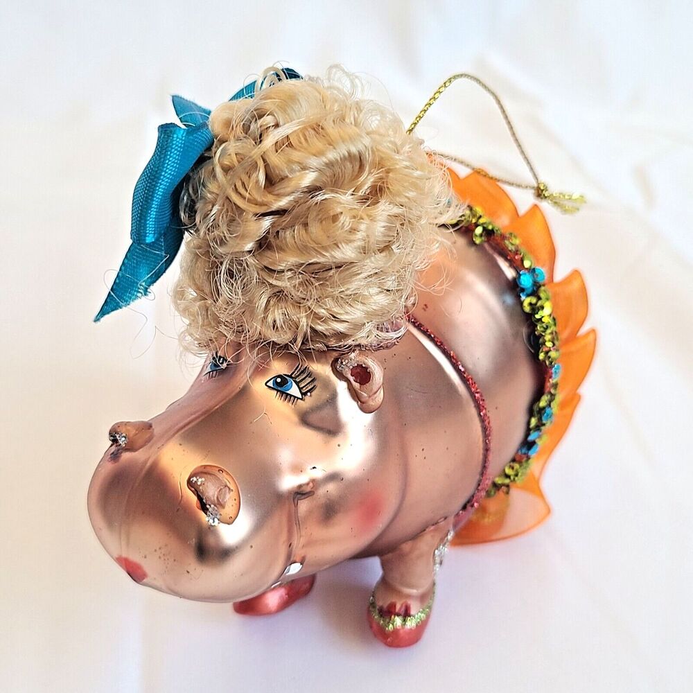 Hippo Ballerina Mercury Glass Christmas Ornament Hand Blown Sequin Glitter Tutu - Picture 4 of 13